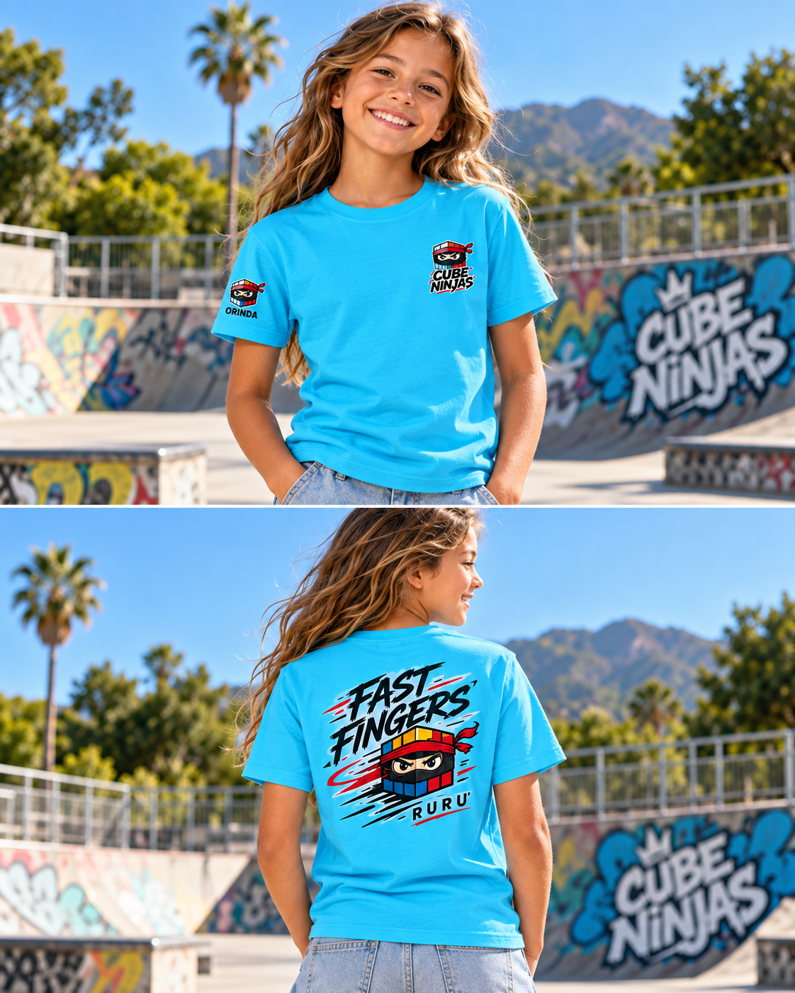 Fast Fingers cyan tee shown on a model, showing the crest front and graphic back