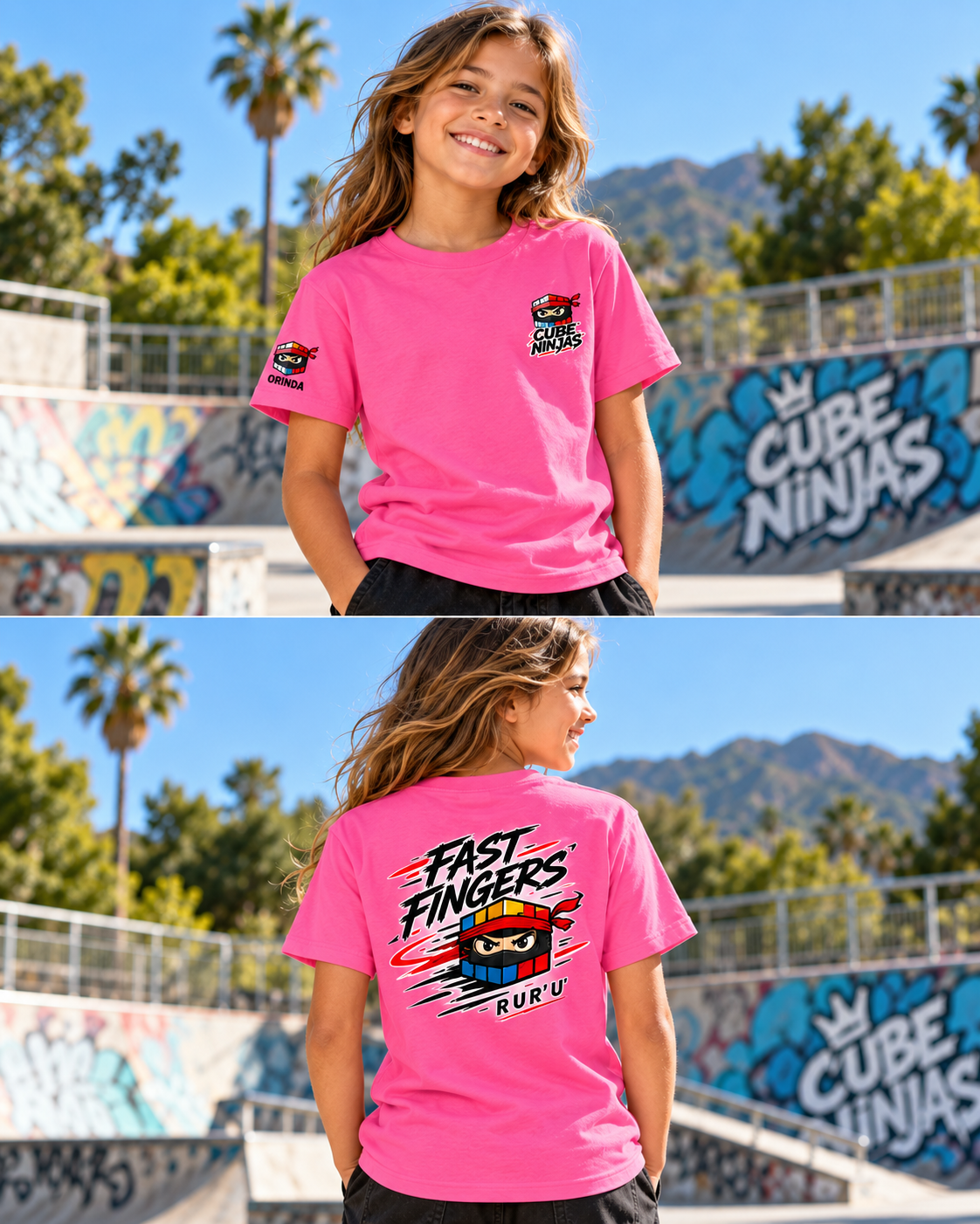 Girl modeling pink Cube Ninjas tee, front and back