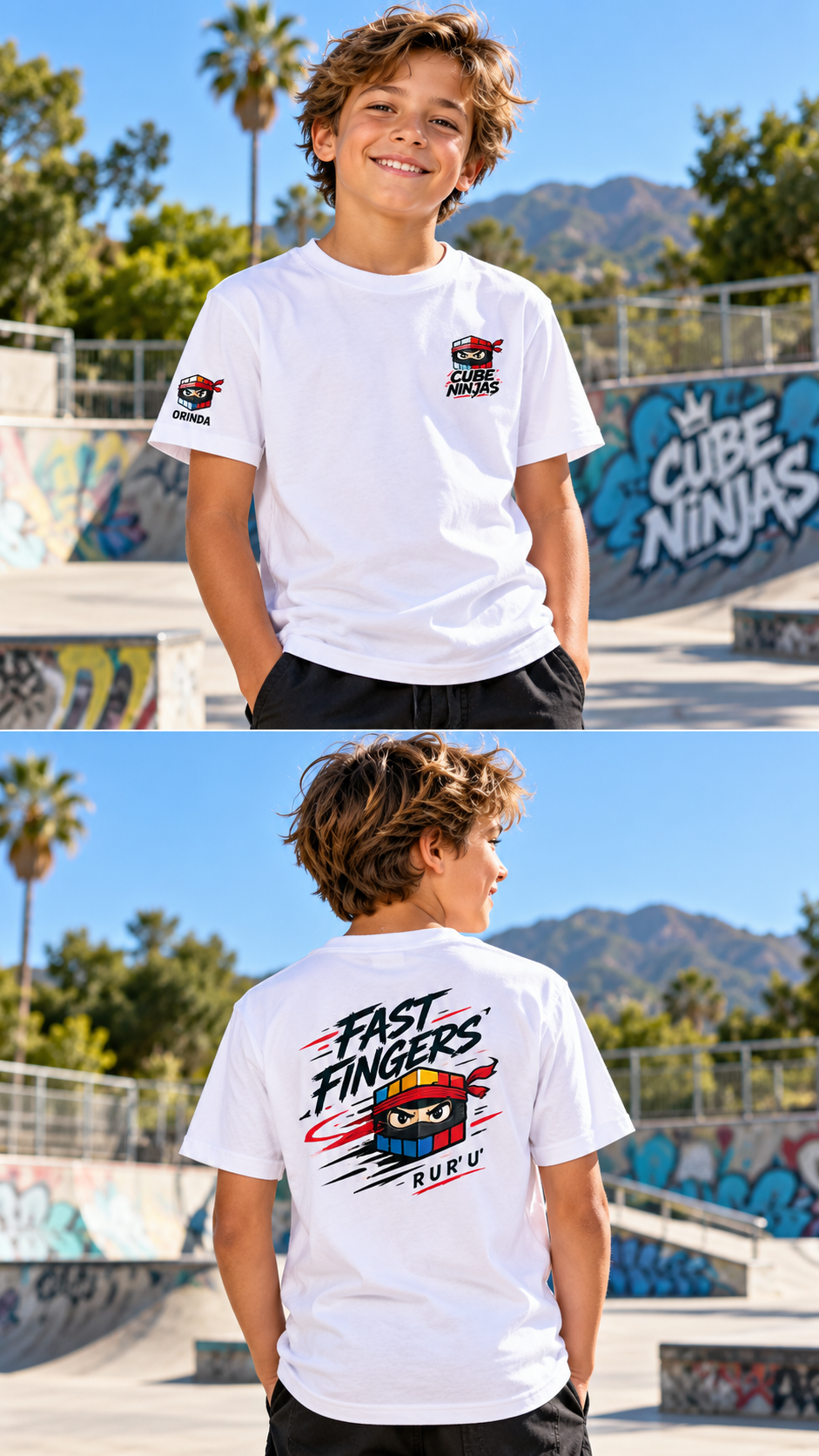 Boy modeling white Cube Ninjas tee, front and back
