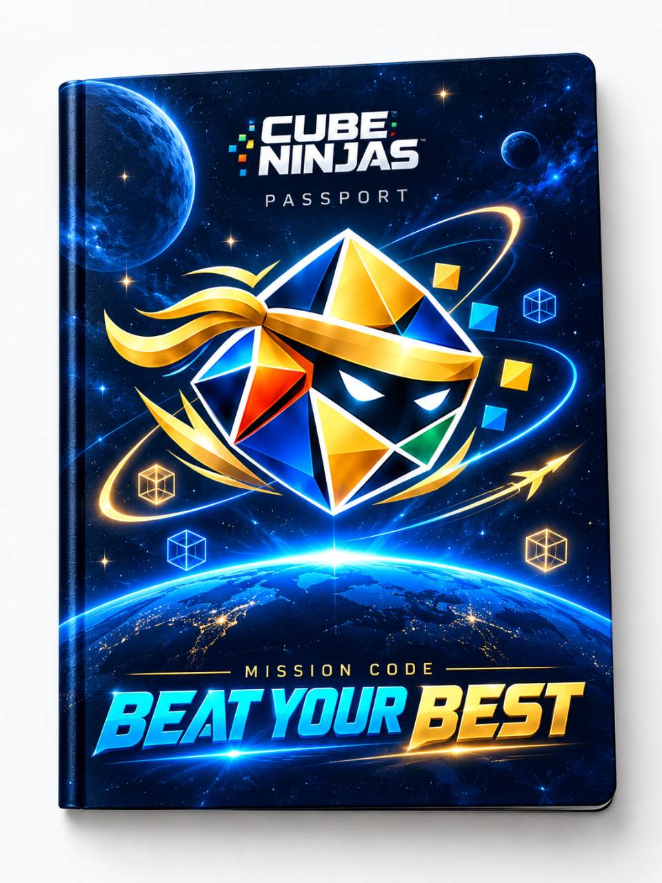 Cube Ninjas Passport front cover with the integrated ninja-faced cube and Beat Your Best mission code