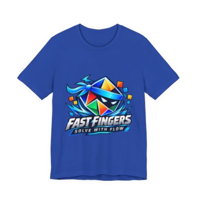Fast Fingers front artwork shown on a True Royal blue tee