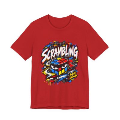 Scrambling front artwork shown on a red tee